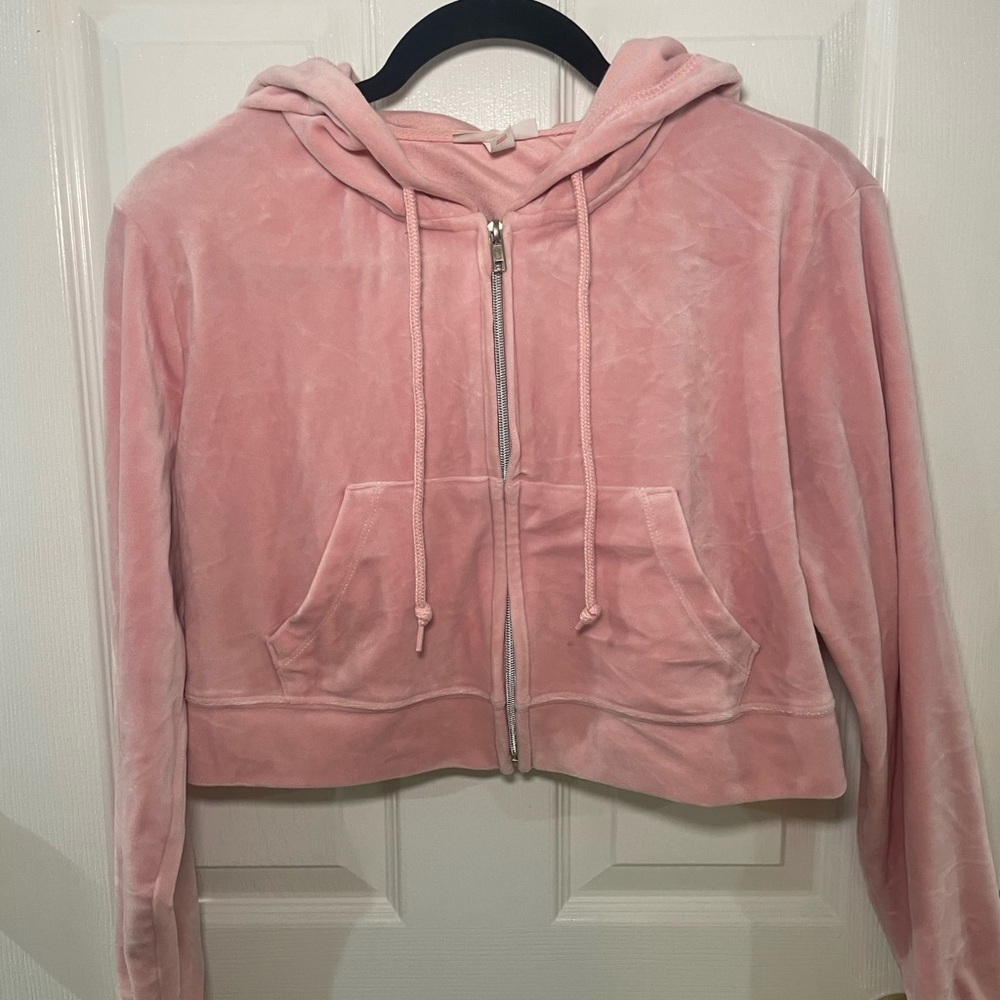 Pink Velour Cropped Hoodie Set